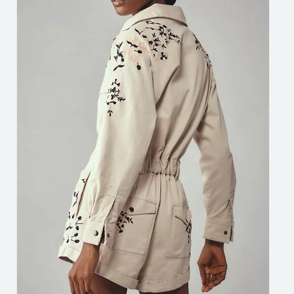 ANTHROPOLOGIE Long Sleeve Embroidered Utility Neutral Playsuit Romper size L NWT - Picture 3 of 3